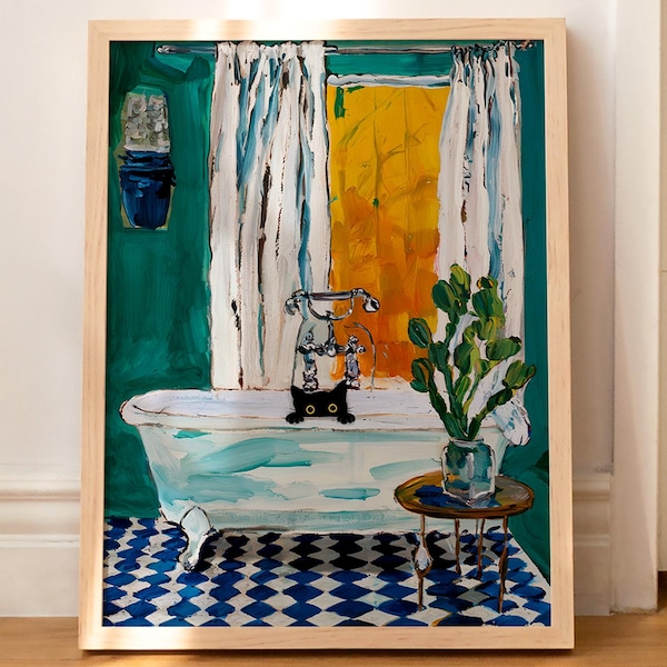 Bath Cat Print Peekaboo Funny Matisse Painting Poster Wall Decor Toilet Bathroom Bathtube Wall Art WITHOUT FRAME