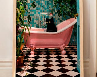 Bathroom Black Cat Print Funny Poster Wall Decor Toilet Pink Bathtube Wall Art WITHOUT FRAME