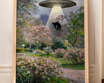 Cat Print Monet Altered Funny Art Print UFO Abduction Gift Black Cat Poster Wall Art Home Decor WITHOUT FRAME