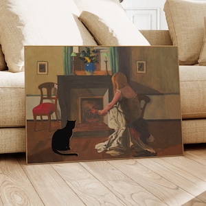 Cat Print Valloton A Woman In A Shirt Funny Gift Black Cat Poster Wall Art Home Decor WITHOUT FRAME