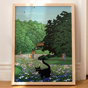 Cat Print Hasui Kawase Iris Garden Artwork Japanese Wall Art Poster Funny Gift WITHOUT FRAME