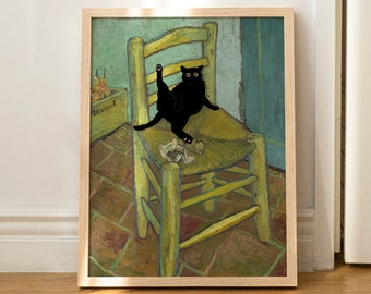 Cat Print Van Gogh Chair Funny Gift Poster Wall Art Home Decor UNFRAMED