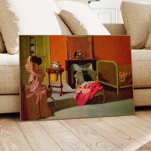 Cat Print Valloton Woman Doing Her Hair Funny Gift Black Cat Poster Wall Art Home Decor WITHOUT FRAME