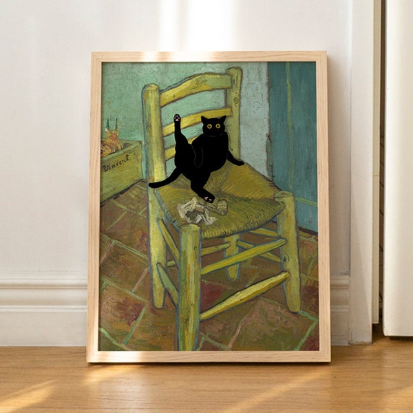 Chaise Van Gogh à imprimé chat, cadeau amusant, affiche, art mural, décoration d'intérieur, sans cadre