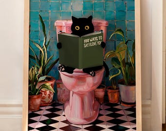 Bathroom Cat Print Funny Poster Wall Decor Pooping Print Pink Toilet Wall Art WITHOUT FRAME