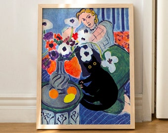 Cat Print Matisse Odalisque Blue Harmony Black Cat Funny Gift Poster Wall Art Home Decor UNFRAMED