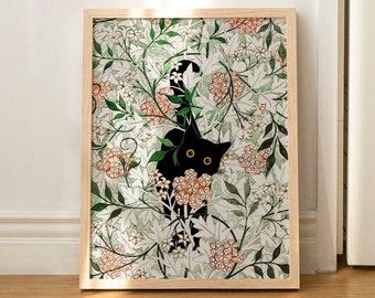 Katzendruck, William Morris, Wandkunst, Poster, schwarze Katze, floraler Kunstdruck, lustiges Geschenk, ungerahmt