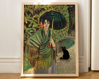 Cat Print Matisse Woman With Umbrella Black Cat Funny Gift Poster Wall Art Home Decor