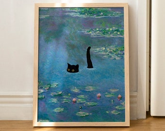 Katze-Druck, Monet-Seerose, lustiges Geschenk, Poster, Wandkunst, Heimdekoration, ungerahmt