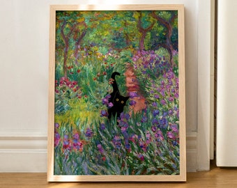 Katze Print Monet Iris Garten Wand Kunst Poster Black Cat Floral Art Print Lustiges Geschenk UNGERAHMT