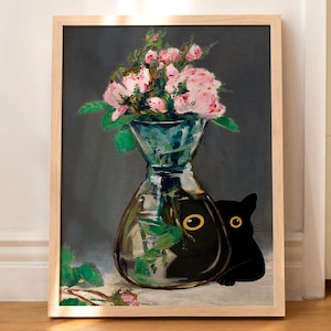 Impresión de gato Manet Naturaleza muerta Rosas en un jarrón Póster divertido Regalo Arte de pared Meme Decoración del hogar Gato negro SIN MARCO