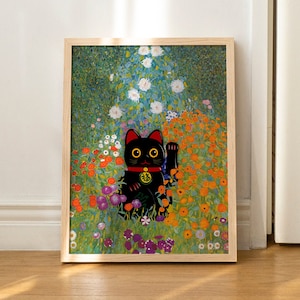 Kat poster Klimt Lucky Cat Print Maneki Neko Art Painting Floral Wall Art Decor ZONDER FRAME