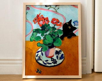 Cat Print Matisse Floral Still Life Black Cat Funny Gift Poster Wall Art Home Decor UNFRAMED