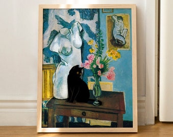 Cat Print Matisse Vase With Flowers Still Life Floral Funny Gift Poster Wall Art Home Decor