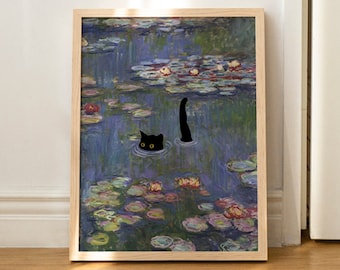 Katze Druck Monet Seerosen Lustige schwarze Katze Geschenk Poster Wand Kunst Wohnkultur UNGERAHMT