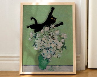 Chat Art Print Van Gogh Roses Nature Morte Cadeau Drôle Affiche Mur Art SANS CADRE