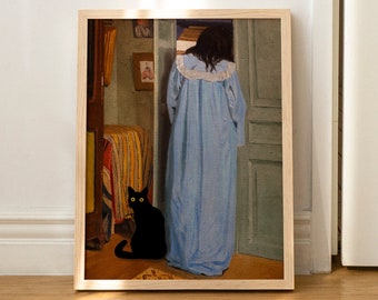 Cat Print Valloton Interior With Woman Funny Gift Black Cat Poster Wall Art Home Decor UNFRAMED