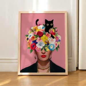 Impresión de gato Frida Flores Pintura Gato Negro Divertido Regalo Póster Arte de pared Decoración del hogar SIN MARCO
