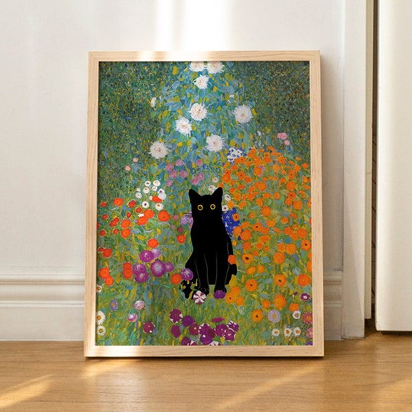 Katze Poster Klimt Print Kunst Malerei Floral Wandkunst Dekor Katzenliebhaber Geschenk