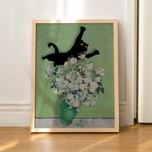 Lámina de gato con rosas de Van Gogh, bodegón, divertido póster de regalo, arte de pared SIN MARCO