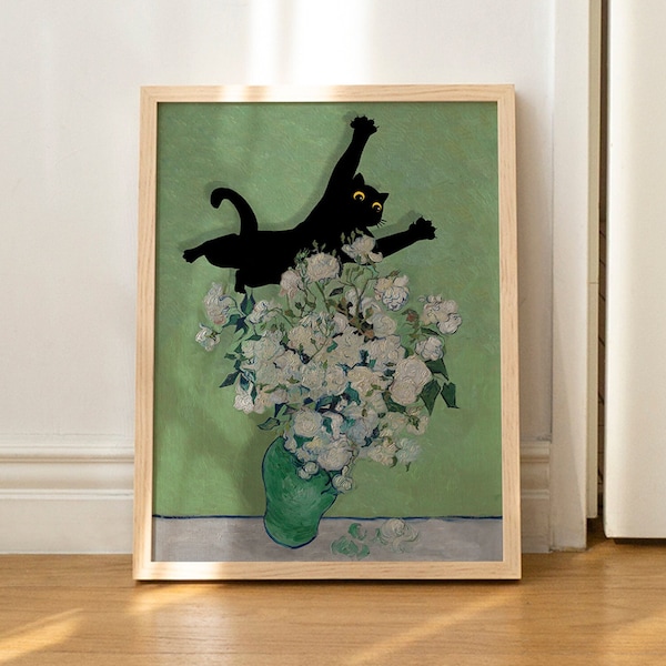 Cat Art Print Van Gogh Roses Still Life Funny Gift Poster Wall Art UNFRAMED
