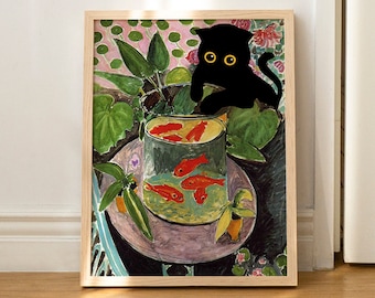 Impression de chat, poisson rouge Matisse, cadeau amusant, affiche d'art mural, décoration d'intérieur, sans cadre
