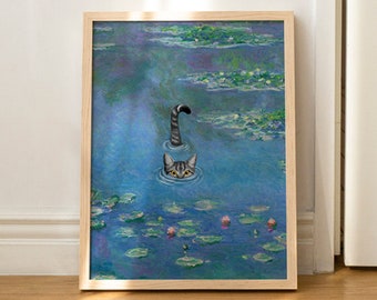 Impresión de arte del gato Monet Waterlily divertido americano de pelo corto gato gris regalo cartel arte de la pared decoración del hogar sin marco