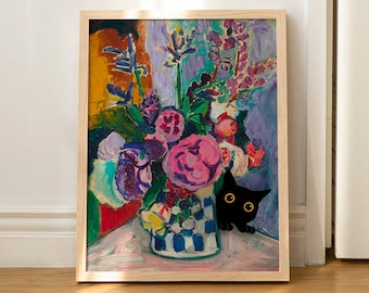 Cat Print Matisse Floral Still Life Black Cat Funny Gift Poster Wall Art Home Decor UNFRAMED