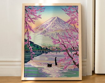 Cat Poster Artwork Japanse Wall Art Print Funny Mt. Fuji Cat Lovers Gift INGELIJSTE