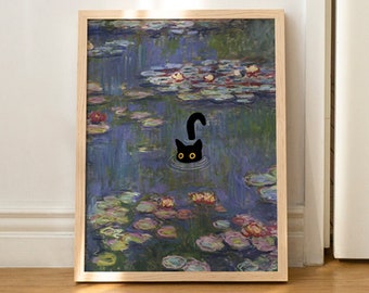 Katze Druck Monet Seerosen Lustiges Geschenk Poster Wall Art Home Decor