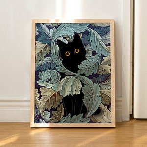 Cat Print William Morris Wall Art Poster Black Cat Floral Art Print Funny Gift UNFRAMED