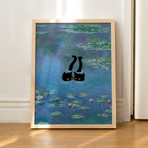 Cat Print Monet Waterlily Funny Gift Poster Wall Art Home Valentines Day Decor UNFRAMED