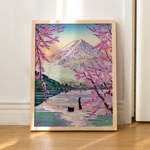 Katze Poster Artwork Japanische Wand Kunst Druck Lustig Mt. Fuji Katze Liebhaber Geschenk OHNE RAHMEN