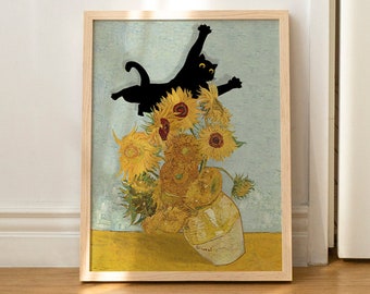 Cat Print Van Gogh Sunflowers Still Life Funny Gift Poster Wall Art UNFRAMED