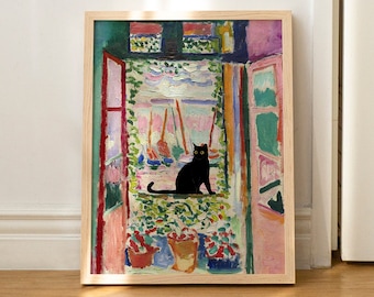 Cat Print Matisse Open Window Funny Gift Poster Wall Art Home Decor UNFRAMED