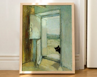 Cat Print Matisse Door Black Cat Funny Gift Poster Wall Art Home Decor Beige UNFRAMED