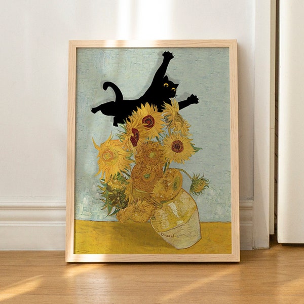 Cat Print Van Gogh Sunflowers Still Life Funny Gift Poster Wall Art UNFRAMED