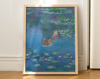Cat Print Monet Waterlily Funny Gift Poster Wall Art Home Decor Beige Cat UNFRAMED