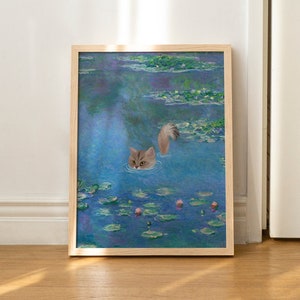 Cat Print Monet Waterlily Funny Gift Poster Wall Art Home Decor Beige Cat UNFRAMED