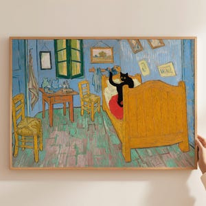 Cat Print Van Gogh Bedroom Funny Gift Poster Wall Art Decor