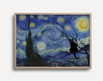 Katze Poster Sternennacht Vincent Van Gogh Schwarze Katze Kunst Lustiges Geschenk