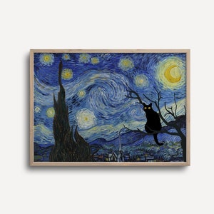 Cat Print Starry Night Vincent Van Gogh Black Cat Art Funny Gift