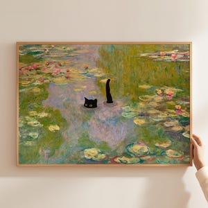 Katze Print Monet Seerose Lustig Geschenk Poster Schwarze Katze Schwimmen Wand Kunst Home Decor