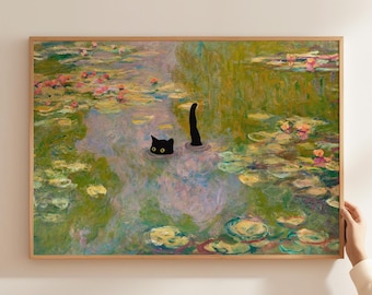 Stampa di gatto Monet Ninfea Poster regalo divertente Gatto nero che nuota Arte murale Decorazione per la casa