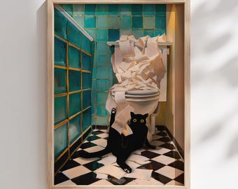 Impression d'art mural drôle de salle de bain avec un chat noir Illustration de papier toilette ludique, décoration féline humoristique pour les toilettes ou cadeau pour les amoureux des chats