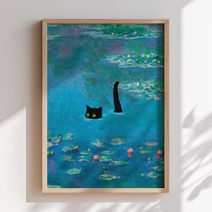 Póster de Monet con estampado de gato nadando con nenúfares. Regalo divertido. Arte de pared para decoración del hogar.