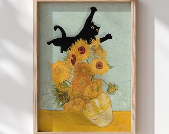 Cat Print Van Gogh Sunflowers Gift Poster Funny Black Cat Jumping Home Decor