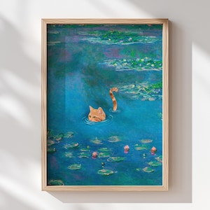 Cat Print Monet Waterlily Funny Orange Tabby Gift Poster Swimming in Water Lily Pond Wall Decor