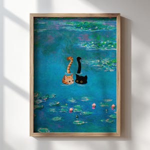 Black and Orange Cats Swimming Print Monet Waterlily Funny Gift Poster Cat Wall Decor