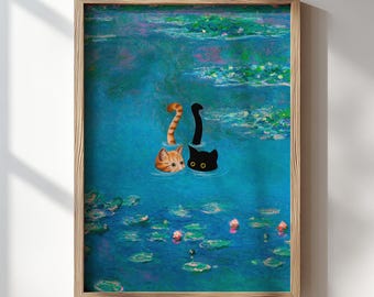 Black and Orange Cats Swimming Print Monet Waterlily Funny Gift Poster Cat Wall Decor